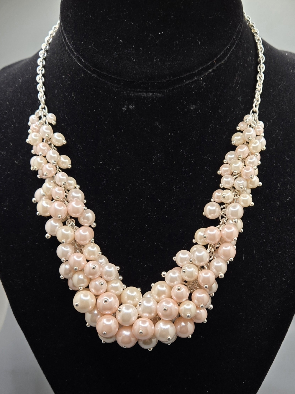 Pink & White Faux Pearl Necklace Cluster Statement Cha Cha